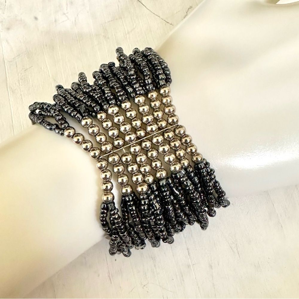 Silver beaded wide stretch bracelet